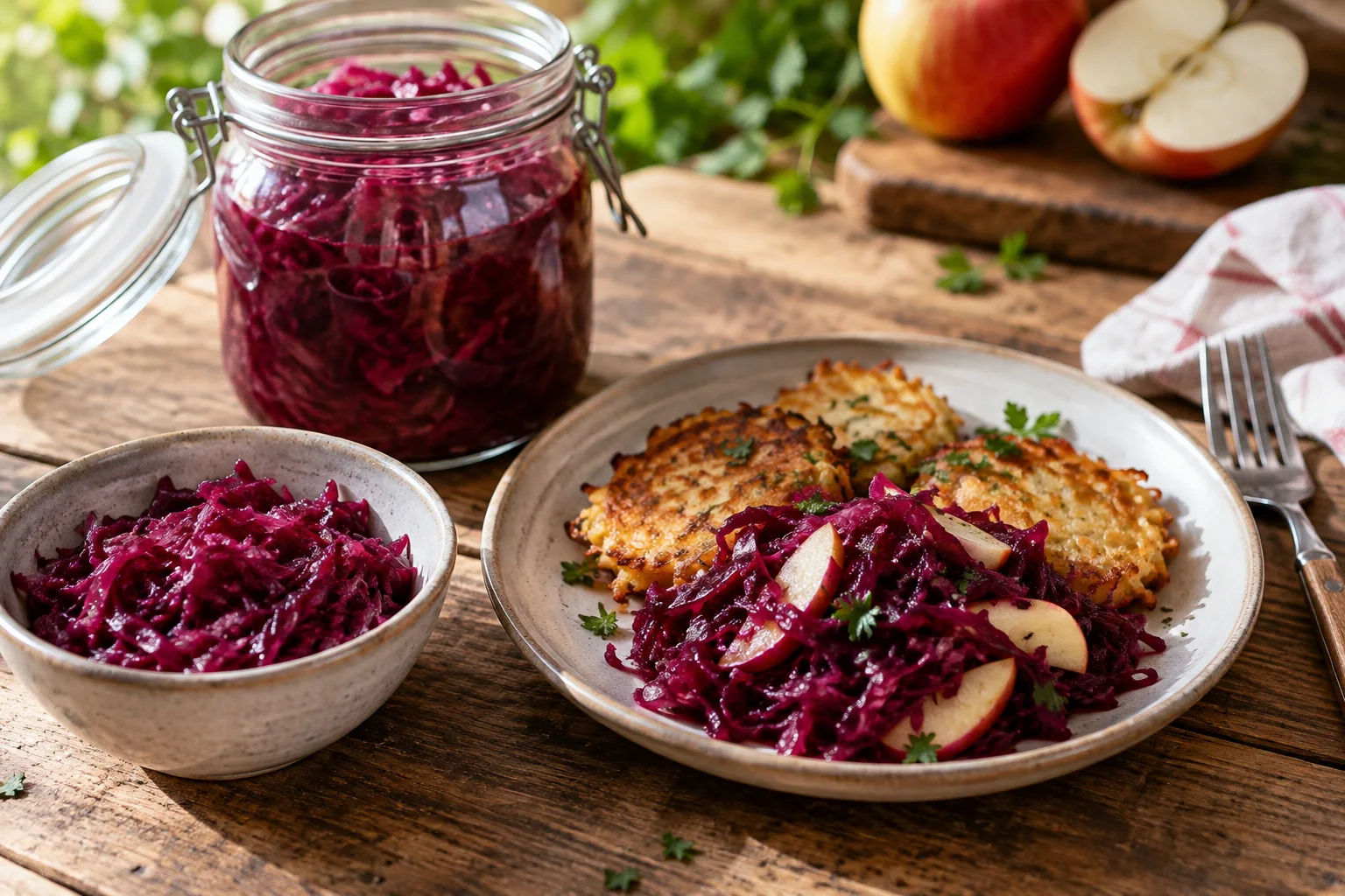 Rotes Sauerkraut als Beilage zu Kartoffelpuffern