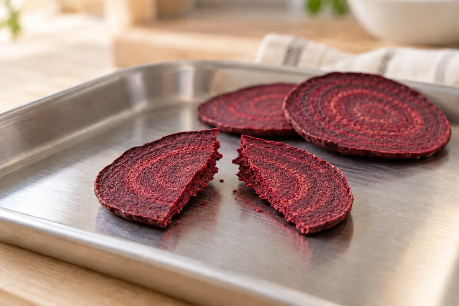 A dried beet slice broken into two pieces on a stainless-steel tray — AI-generated illustration