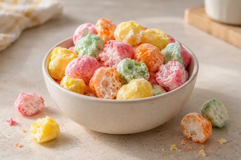 Colorful airy candy pieces in a bowl — AI-generated food illustration