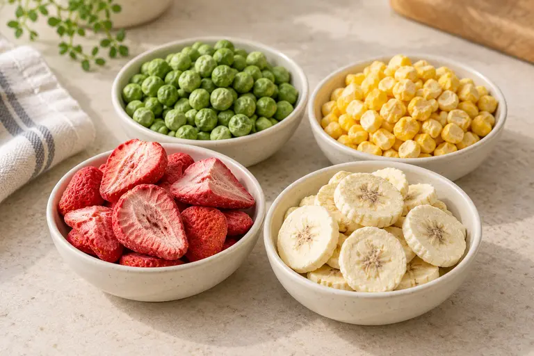 Strawberries, banana slices, peas and corn in separate bowls — AI-generated food illustration
