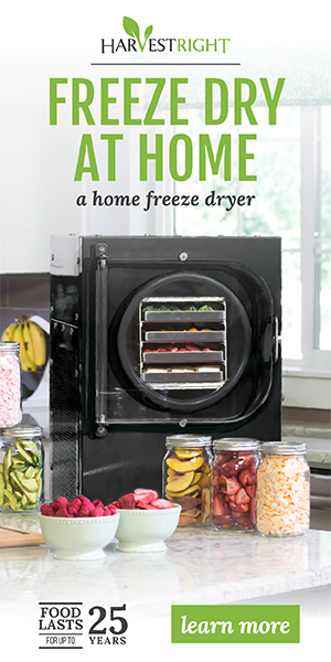Harvest Right advertisement showing a black freeze dryer and jars of preserved food