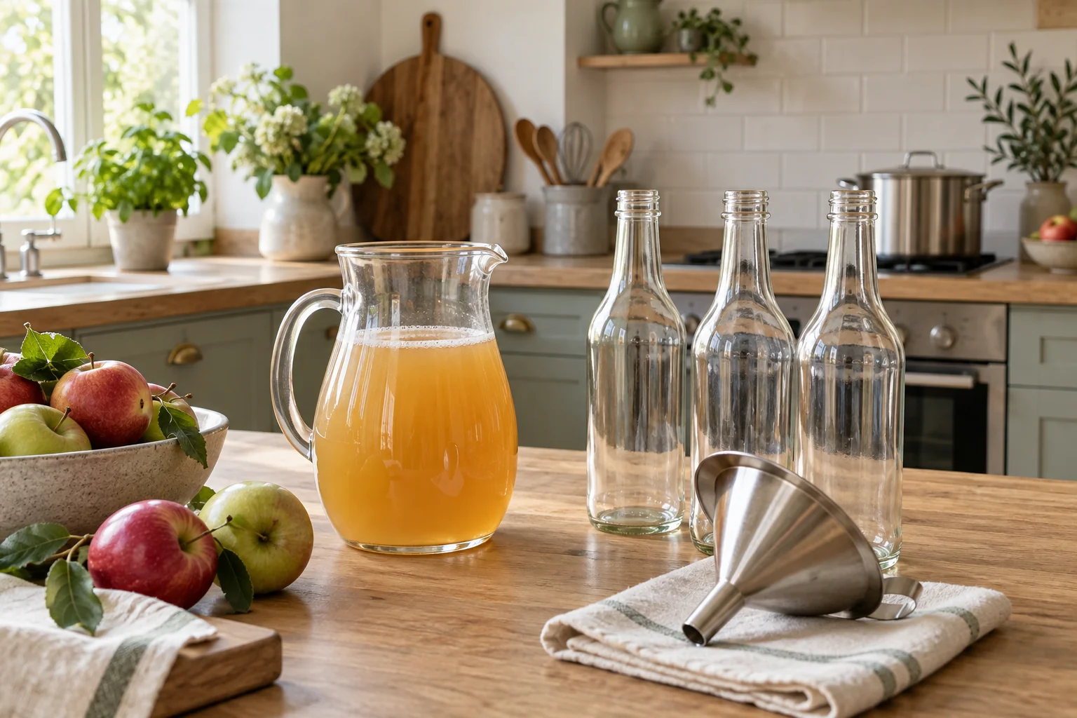 Apfelsaft, leere Glasflaschen und Trichter auf einer sauberen Arbeitsfläche