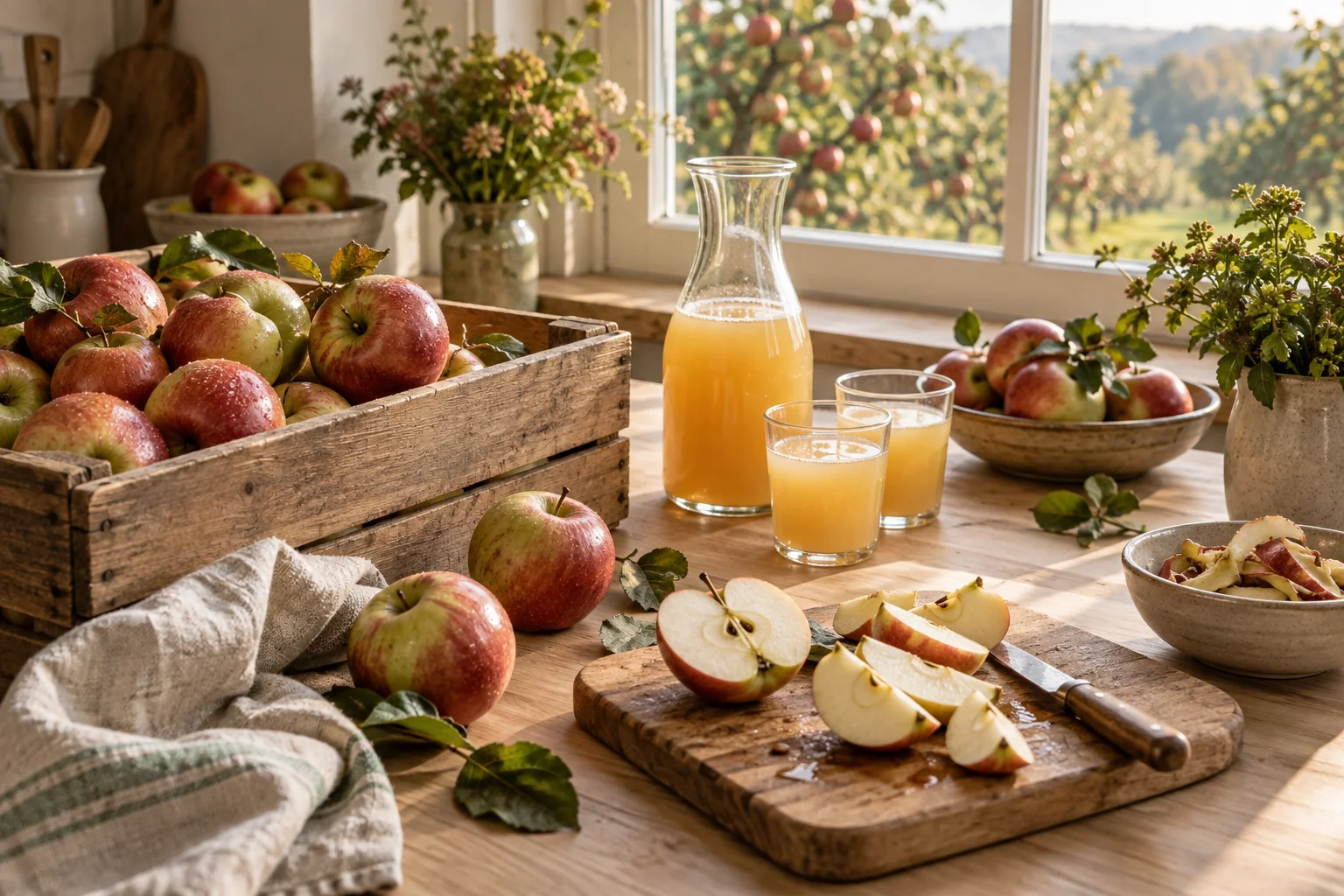 Apfelernte, geschnittene Äpfel und eine Karaffe Apfelsaft auf einem Küchentisch