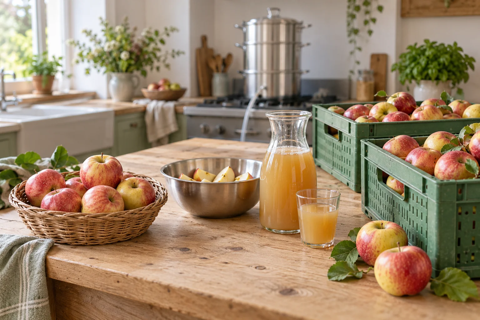 Kleiner Apfelkorb und volle Erntekisten neben Apfelsaft und vorbereiteten Apfelstücken