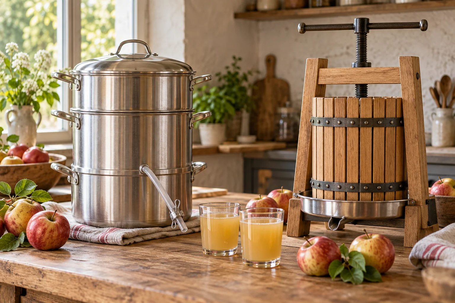 Dampfentsafter und kleine Korbpresse neben Äpfeln und zwei Gläsern Apfelsaft