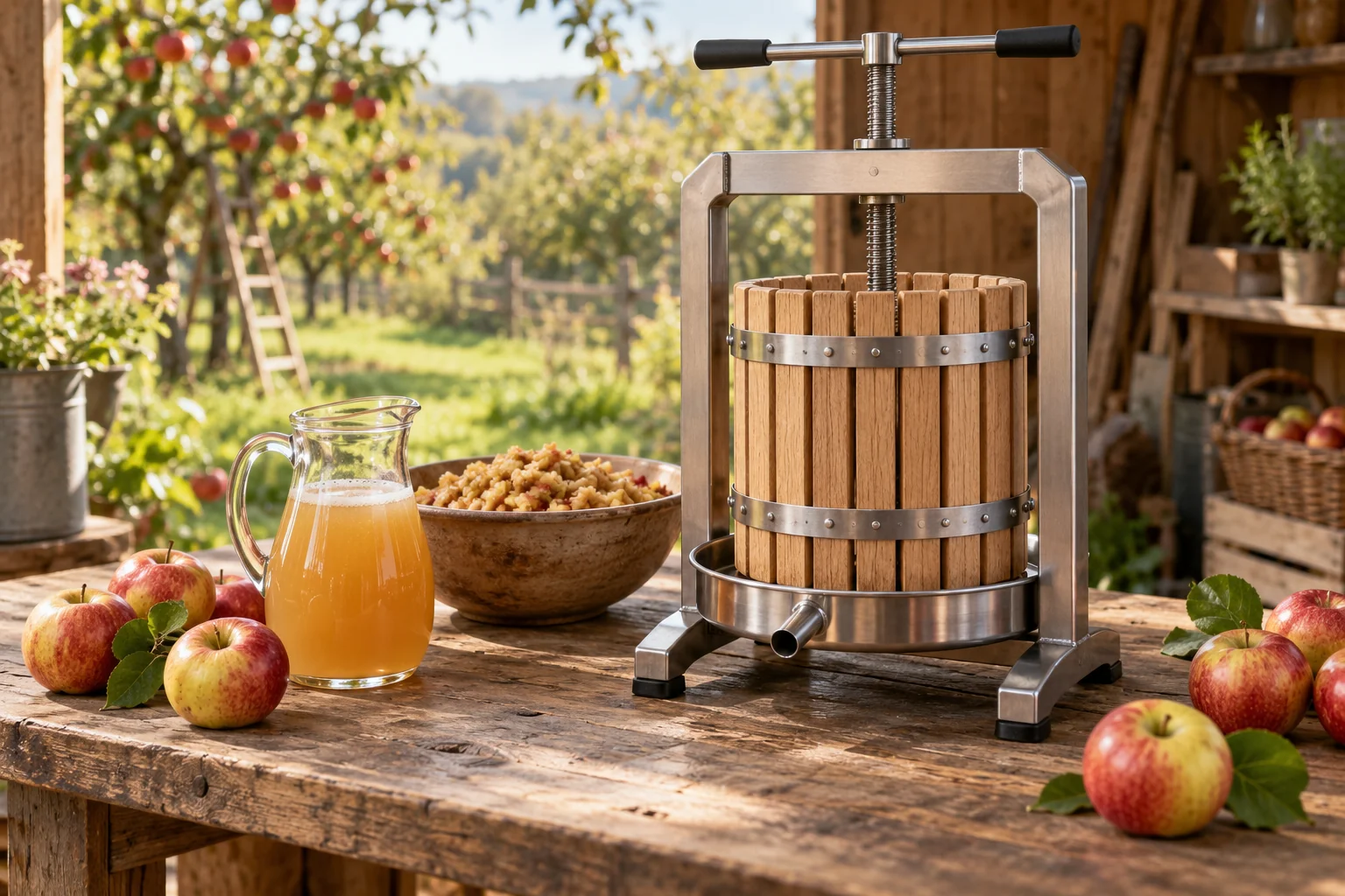 Manuelle Korbpresse im Gartenhaus neben Apfelmaische und frisch gepresstem Saft
