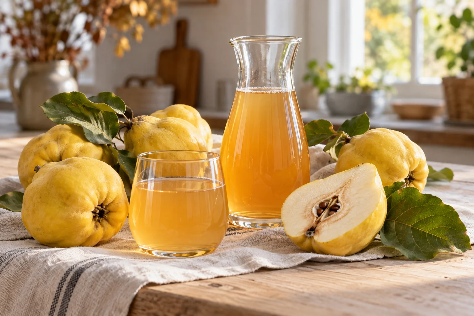 Goldgelbe Quitten neben bernsteinfarbenem Quittensaft