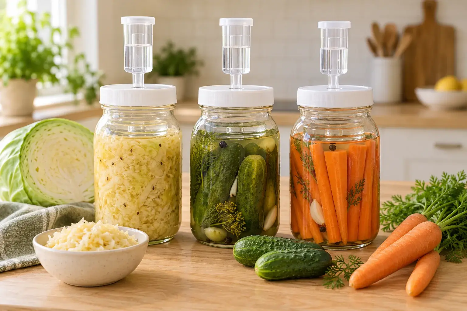 Different vegetable ferments in glass jars.
