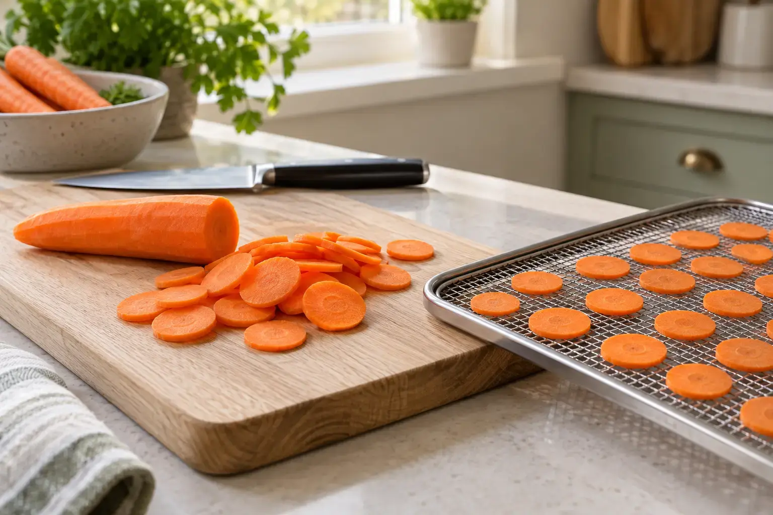 Even thin carrot slices spread on a clean dehydrator tray