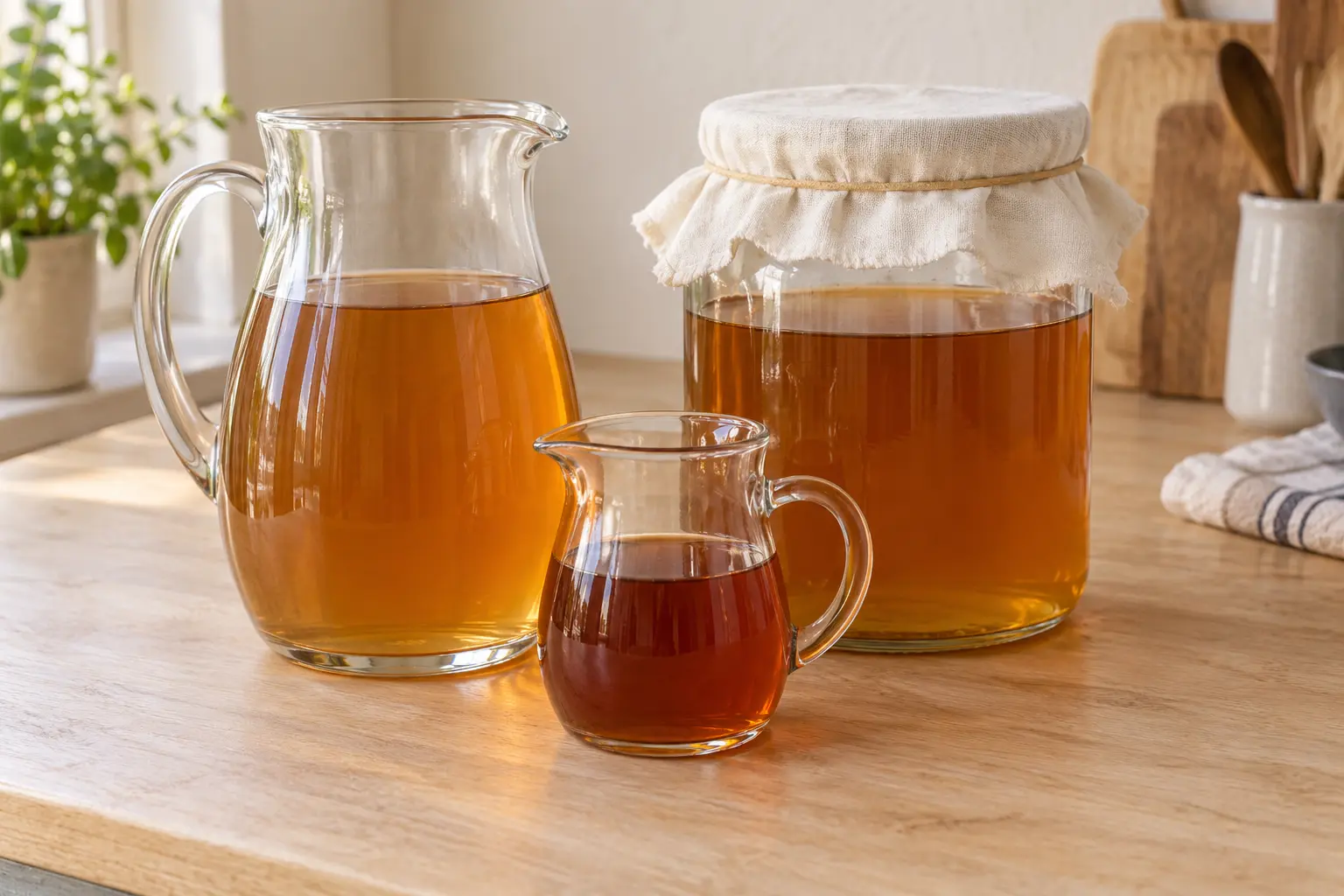 Kombucha in einer Glaskaraffe und einem Trinkglas neben einem mit Stoff abgedeckten Gärglas