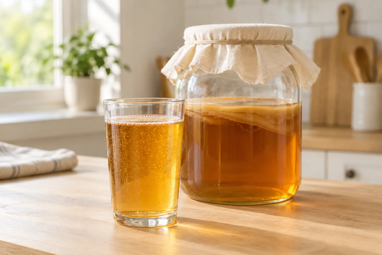 Goldener Kombucha in einem Trinkglas neben einem mit Stoff abgedeckten Gärglas