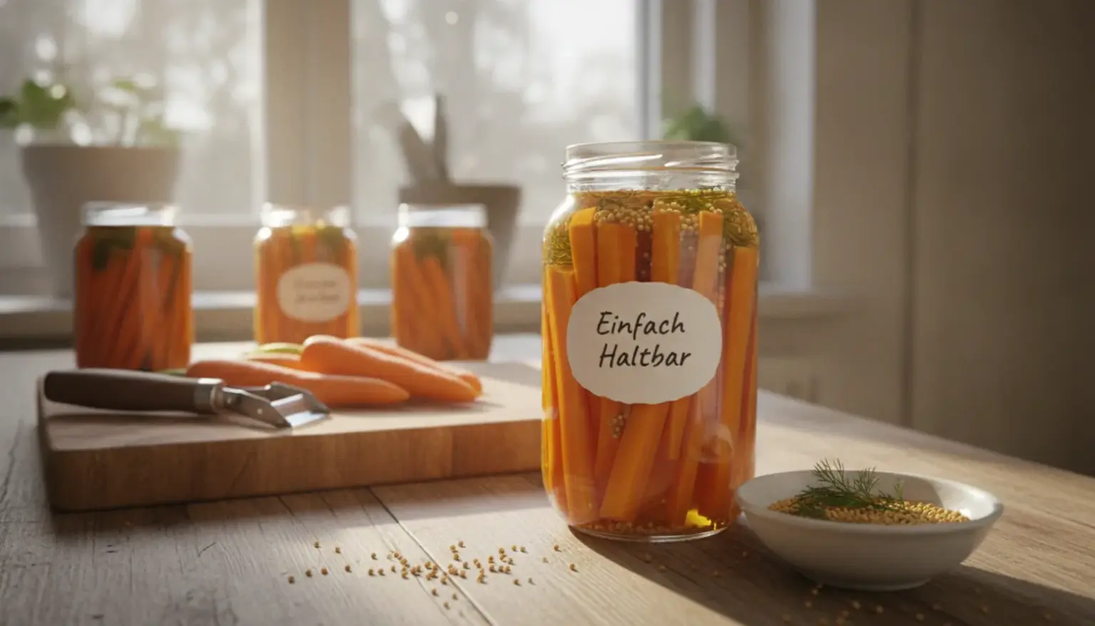 Orange carrot pickles in glass jars with herbs and spices