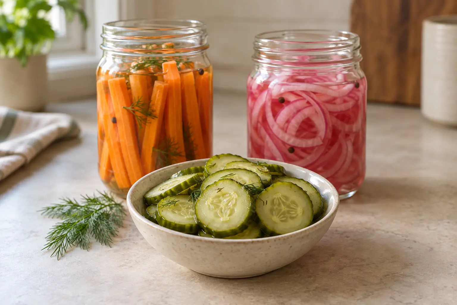 A bowl of cucumber pickle slices beside open jars of pickled carrots and red onions — AI-generated illustration