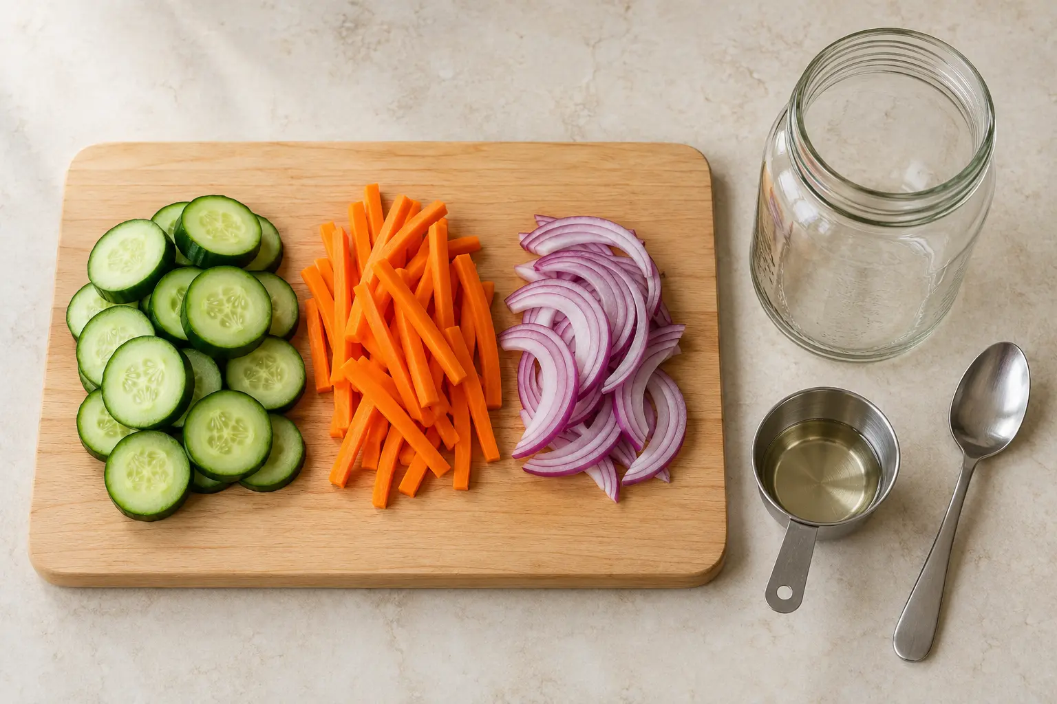 Sliced cucumbers, carrot sticks and red onion beside an empty jar and measuring utensils — AI-generated illustration