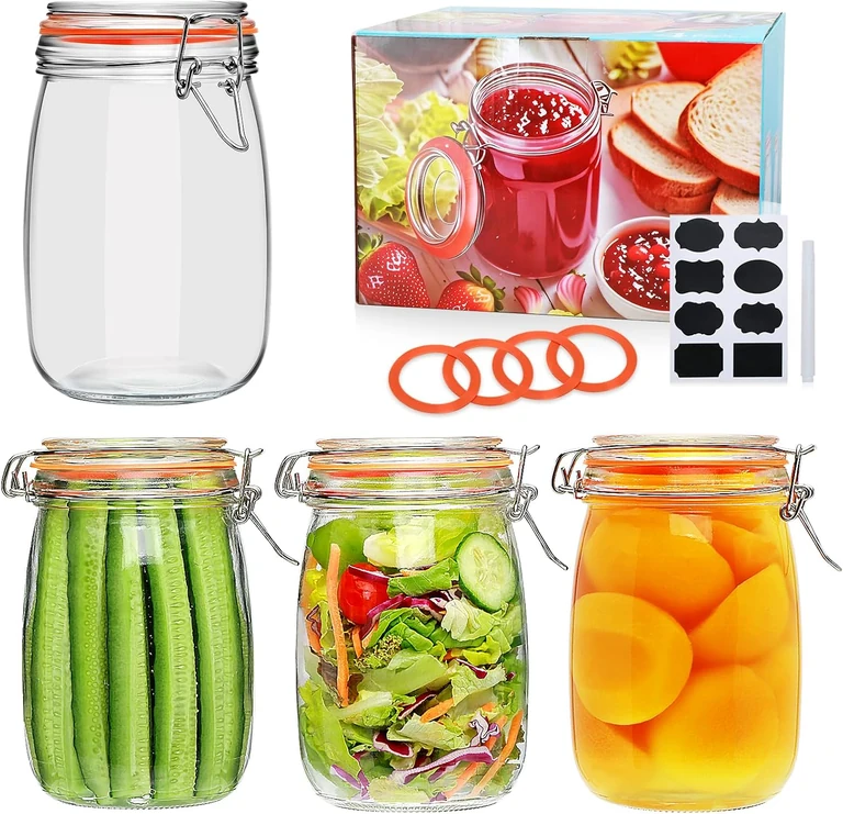 Encheng 32 oz Hinged-Lid Glass Jars — Set of 4