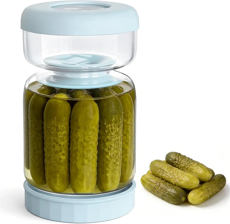 Luvan flip pickle jar with strainer for serving and refrigerated storage