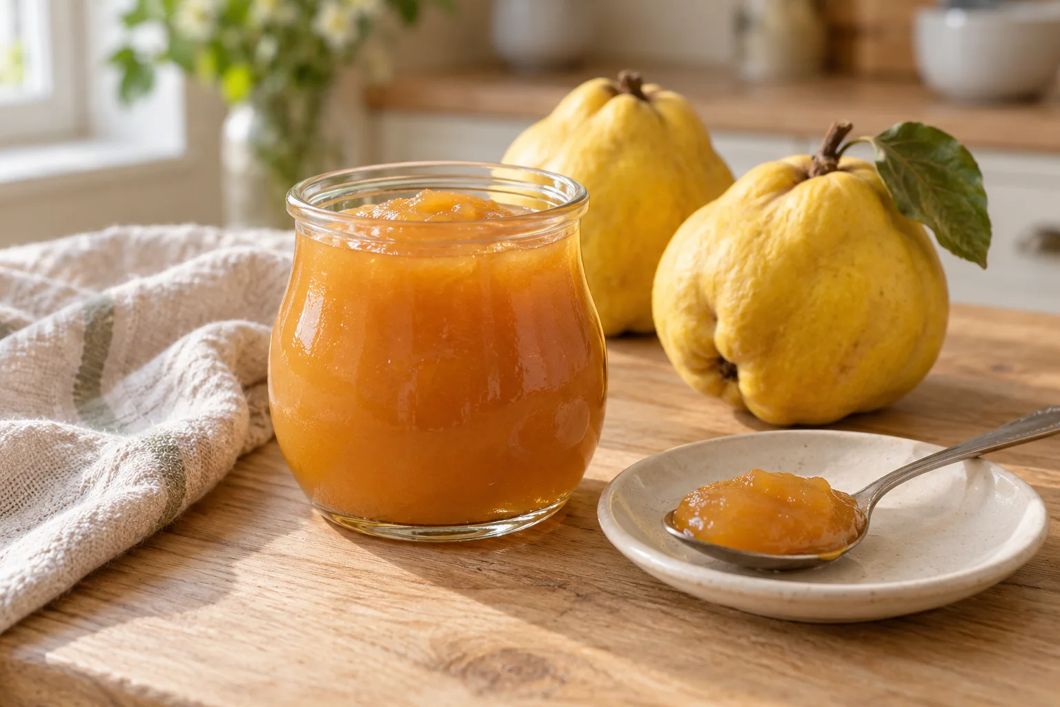 Goldorange Quittenkonfitüre im offenen Tulpenglas und auf einem Löffel vor gelben Quitten