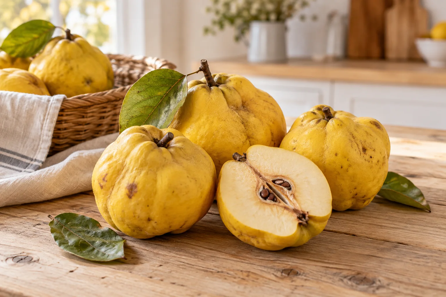 Goldgelbe Quitten mit Anschnitt auf einem Holztisch neben einem Erntekorb