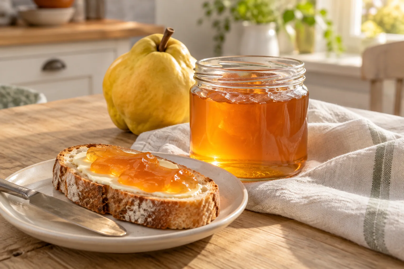 Bernsteinfarbenes Quittengelee im offenen Glas und auf einer Scheibe Brot