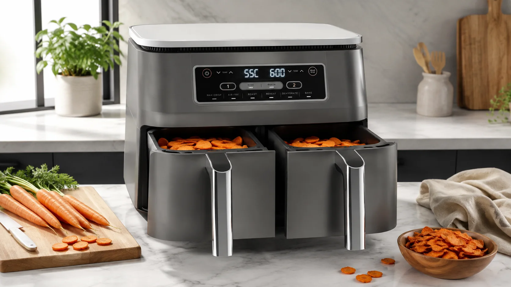 Ninja Dual Zone Airfryer mit dünnen Karottenscheiben beim Dörren