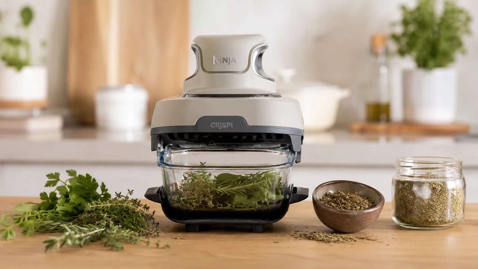 Ninja CRISPi neben frischen und getrockneten Kräutern als kompaktes Airfryer-Beispiel
