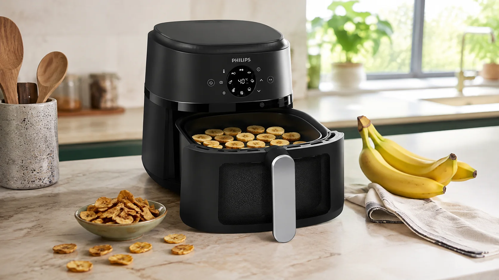 Philips Airfryer mit dünnen Bananenscheiben und fertigen getrockneten Bananen