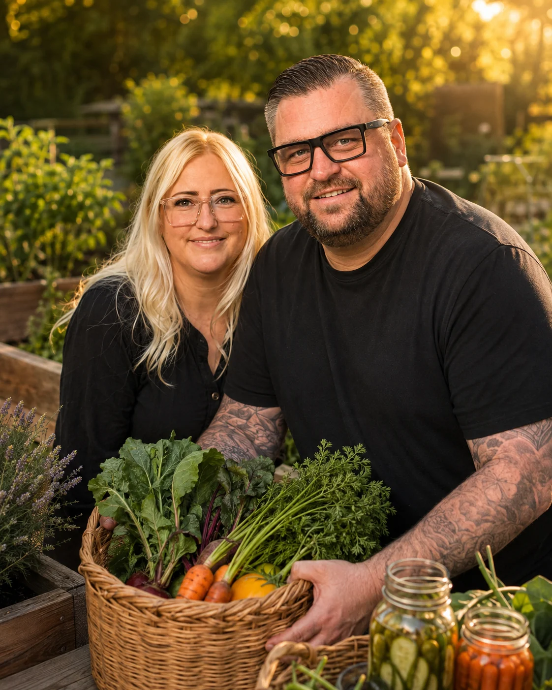 Micha und Sabrina gemeinsam im Garten mit frischem Gemüse