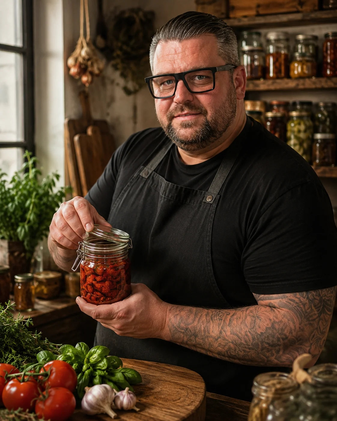 Micha in einer Vorratsküche mit einem Glas eingelegter Tomaten