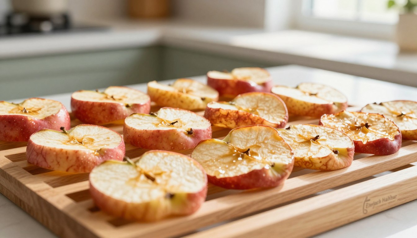Apple slices arranged in a single layer on dehydrator trays