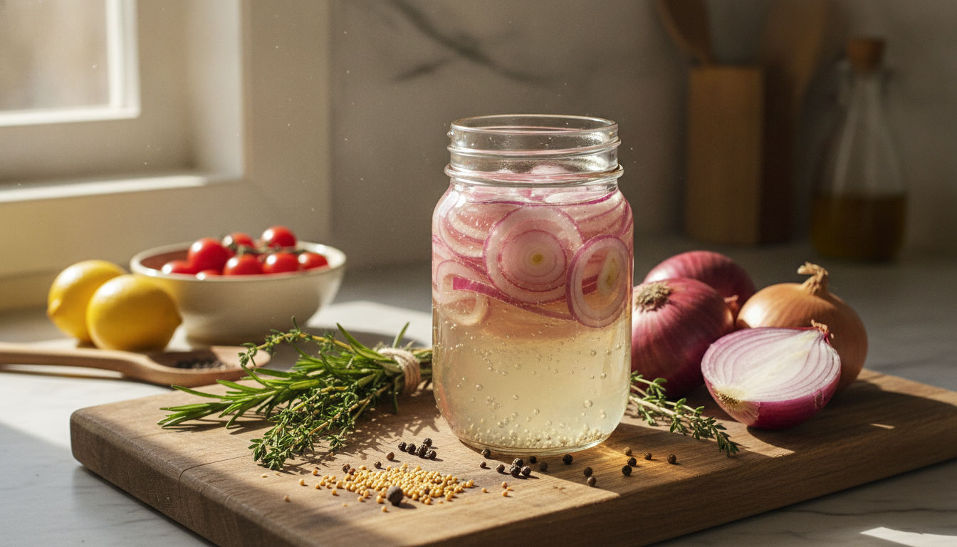 Jar of quick pickled red onions with fresh red onions and pickling spices