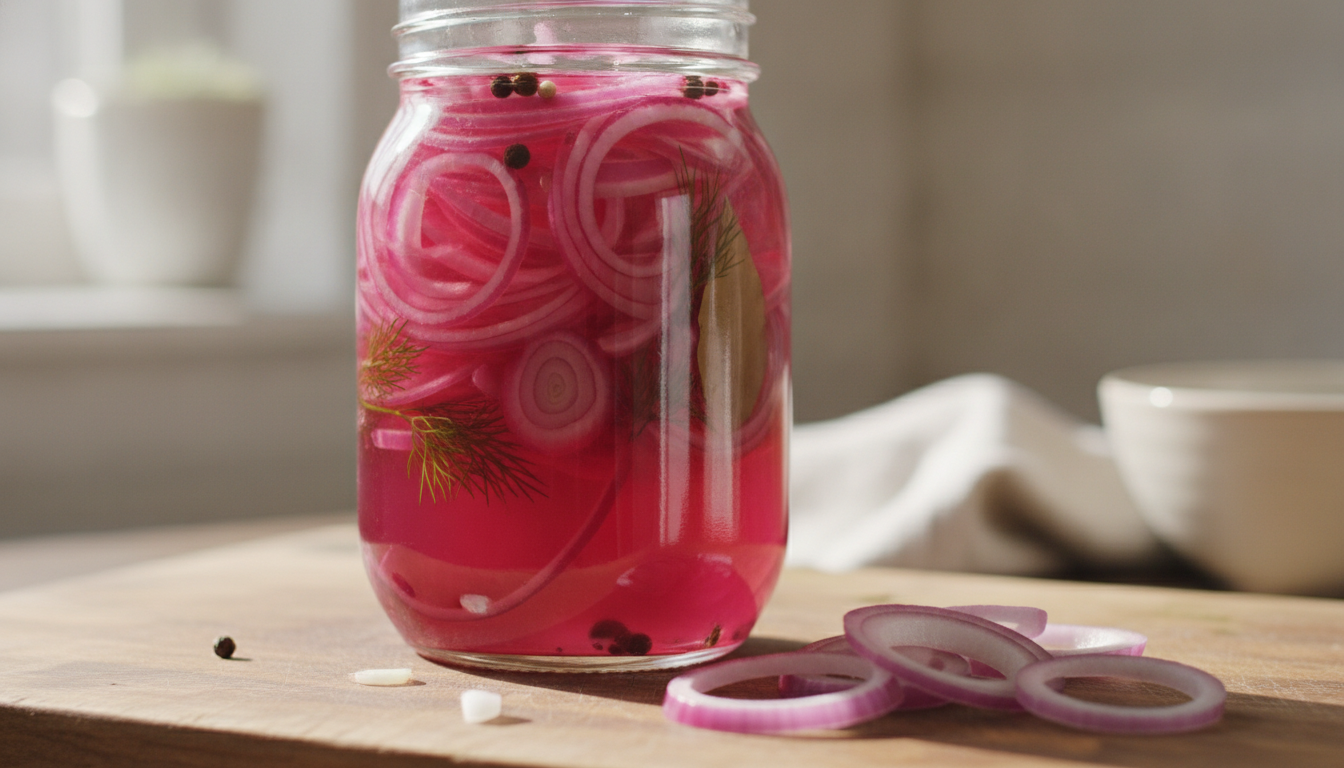 Prepared red onion slices and a jar ready for hot vinegar brine