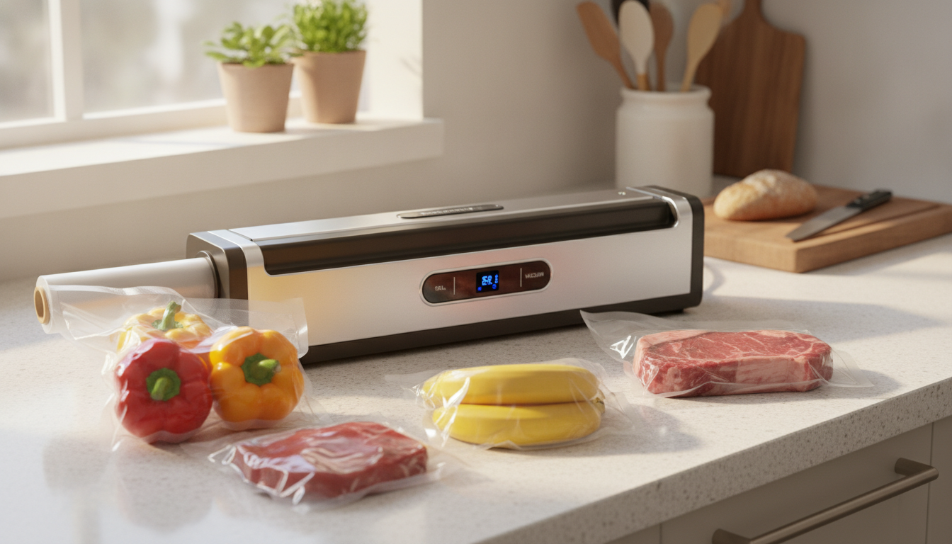 Vacuum sealer in use with sealed food in a bright home kitchen