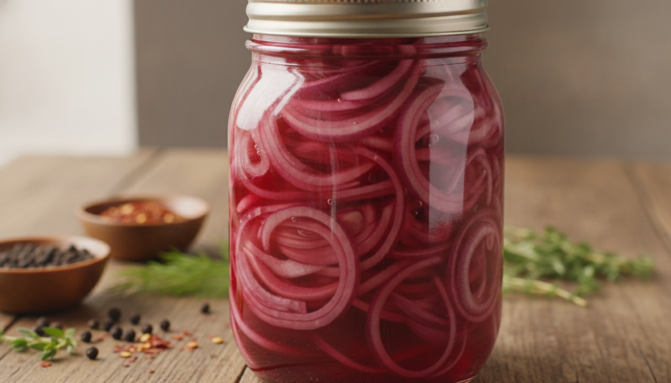 Pink pickled red onion slices submerged in vinegar brine