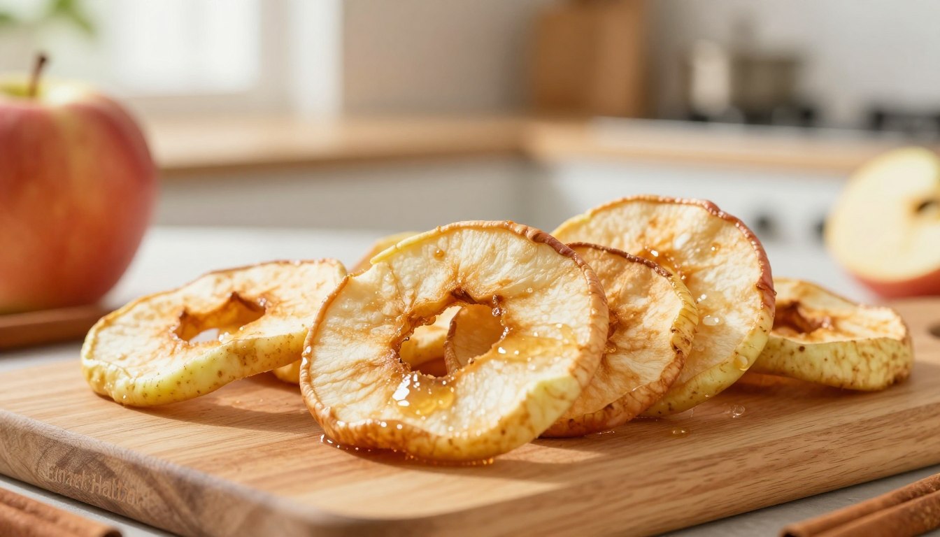 Finished dehydrated apple rings being checked for dryness