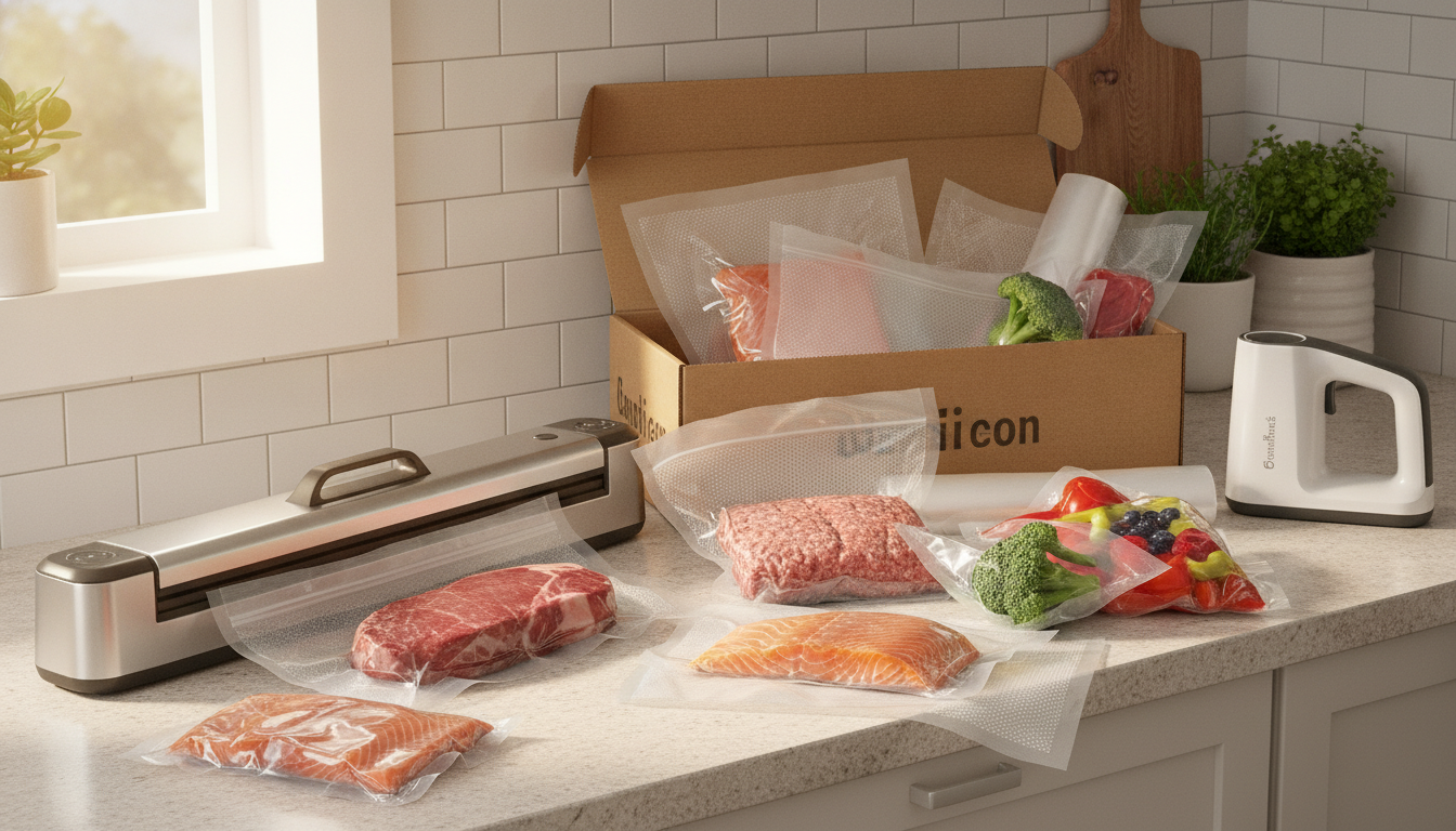 Vacuum sealer buying guide with bags, sealed meat and vegetables