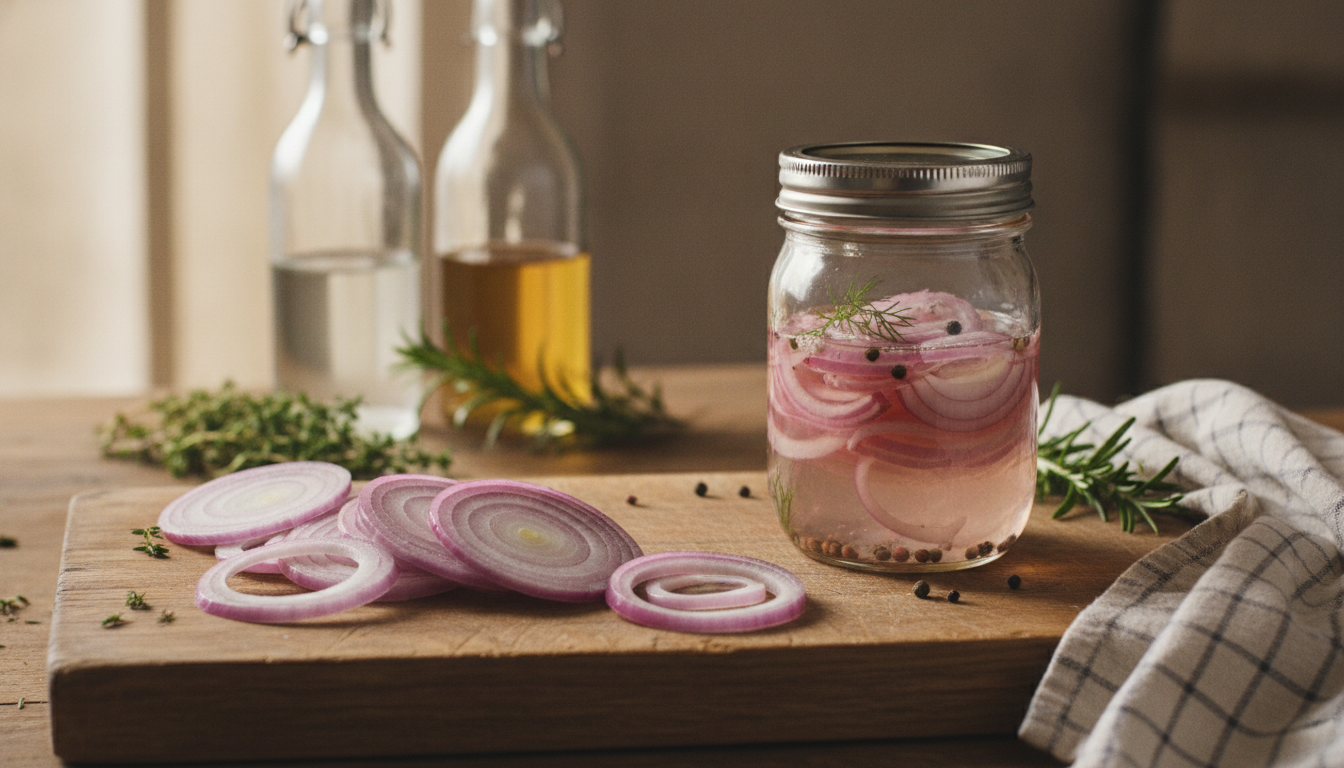 Thin, even red onion slices prepared for quick pickling