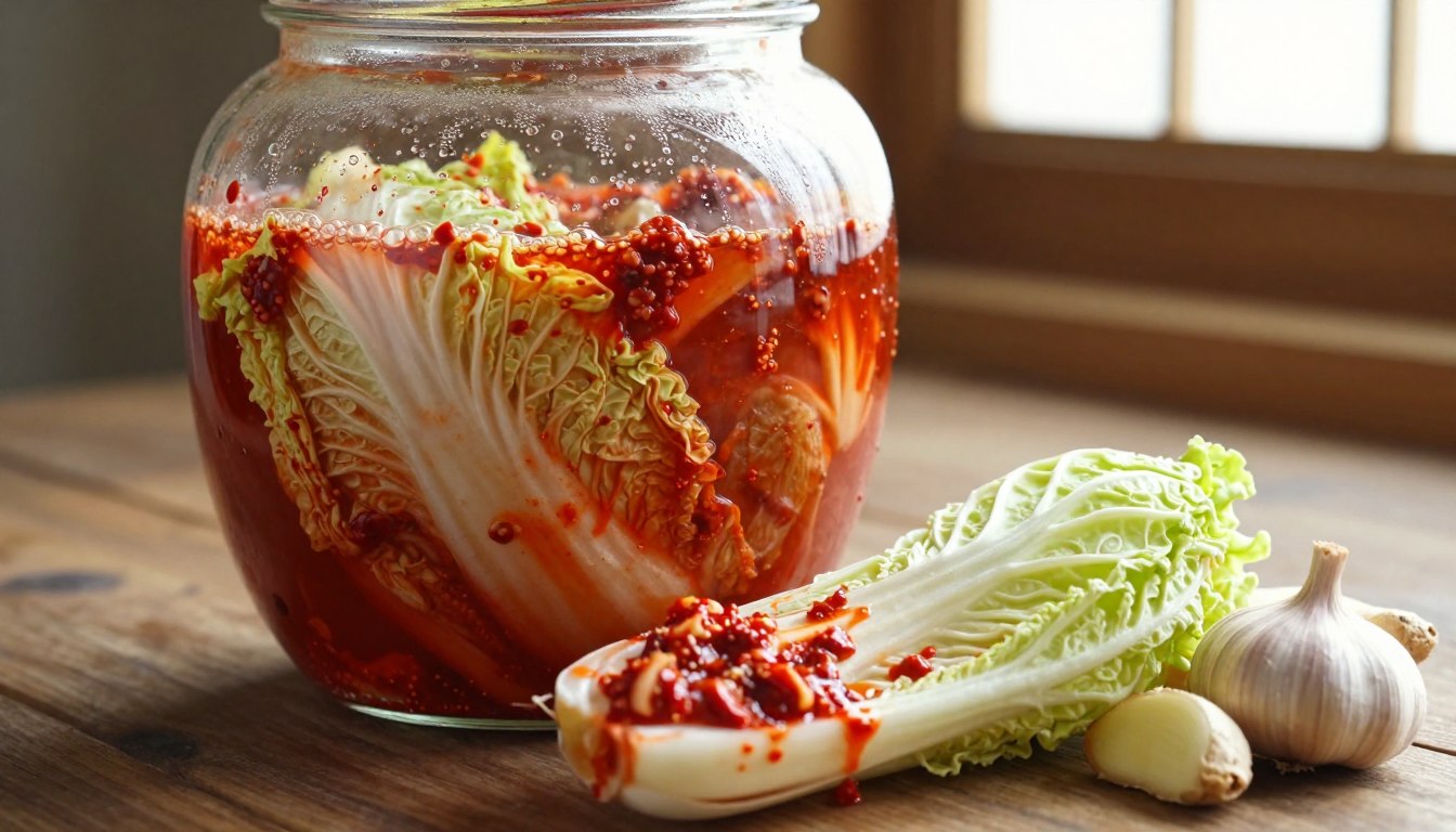 Kimchi fermenting in a glass jar