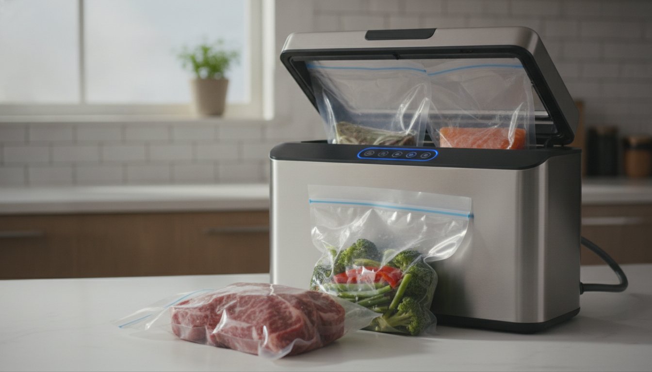 Vacuum sealer bags and rolls beside sealed produce