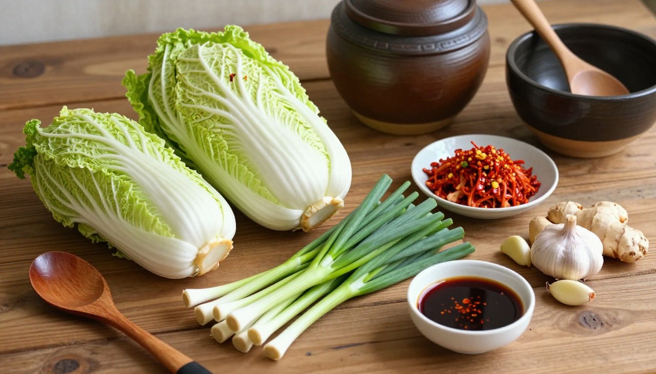 Napa cabbage, gochugaru, garlic, ginger and scallions for kimchi