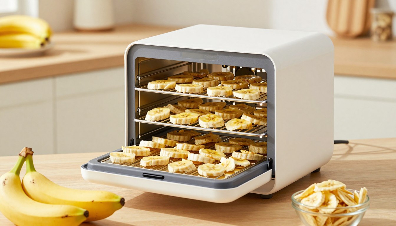 Banana slices drying on food dehydrator trays
