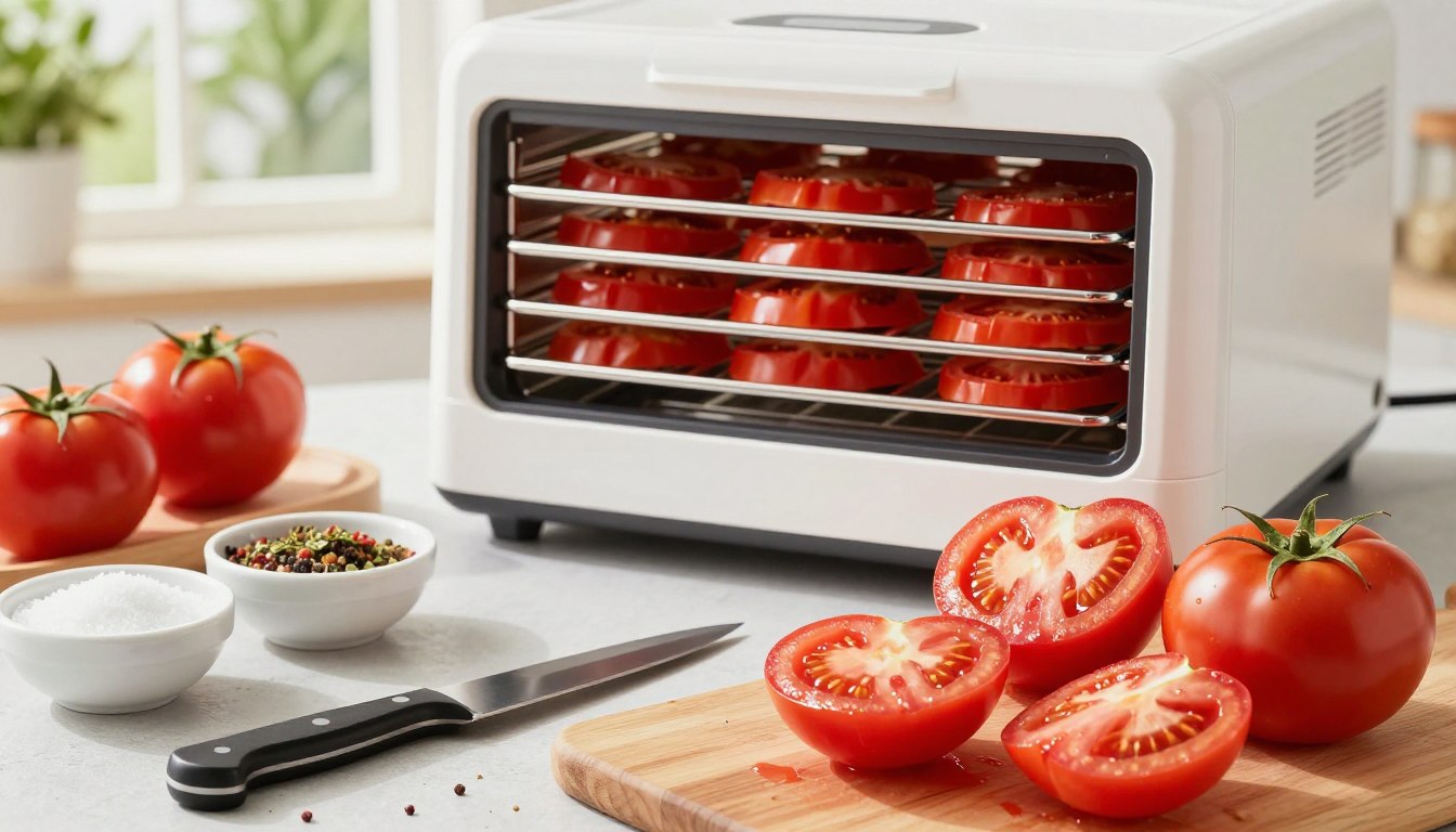 Food dehydrator with tomatoes ready for drying