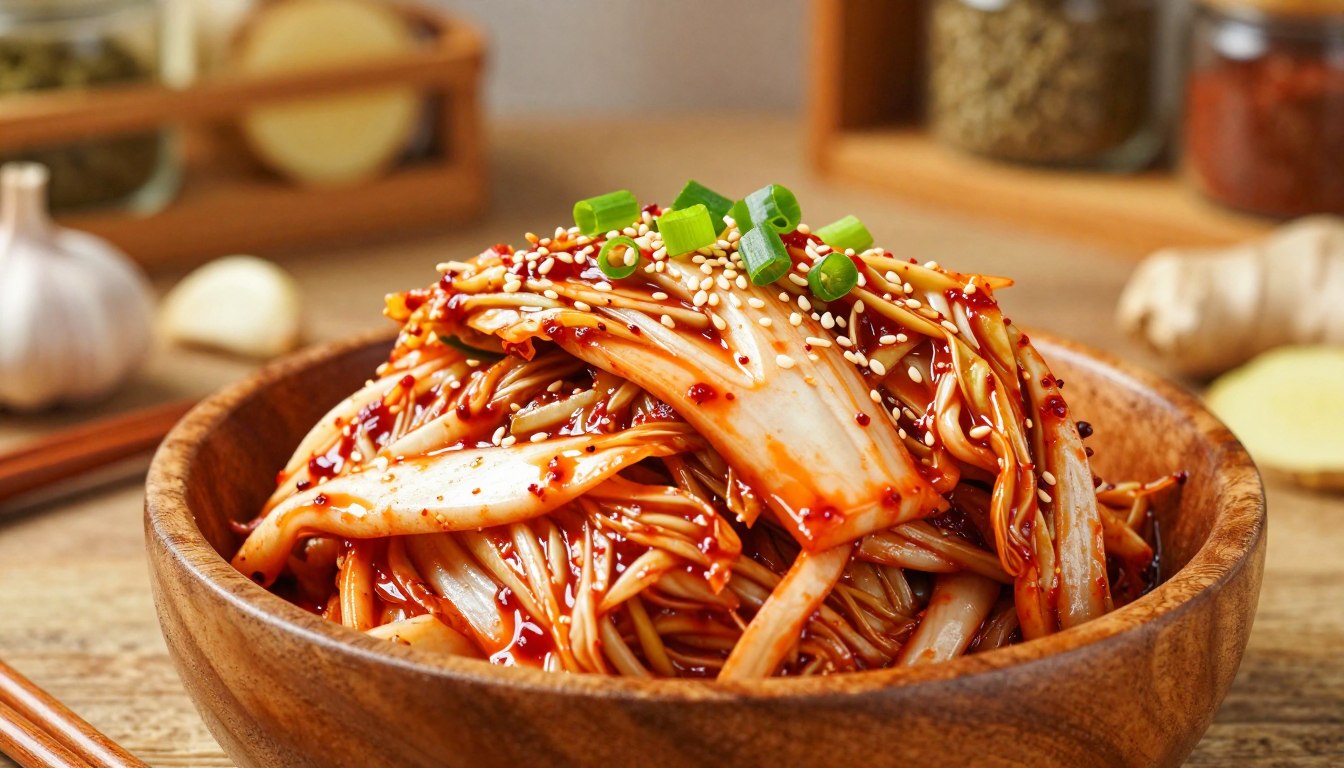 Napa cabbage coated evenly with kimchi seasoning paste