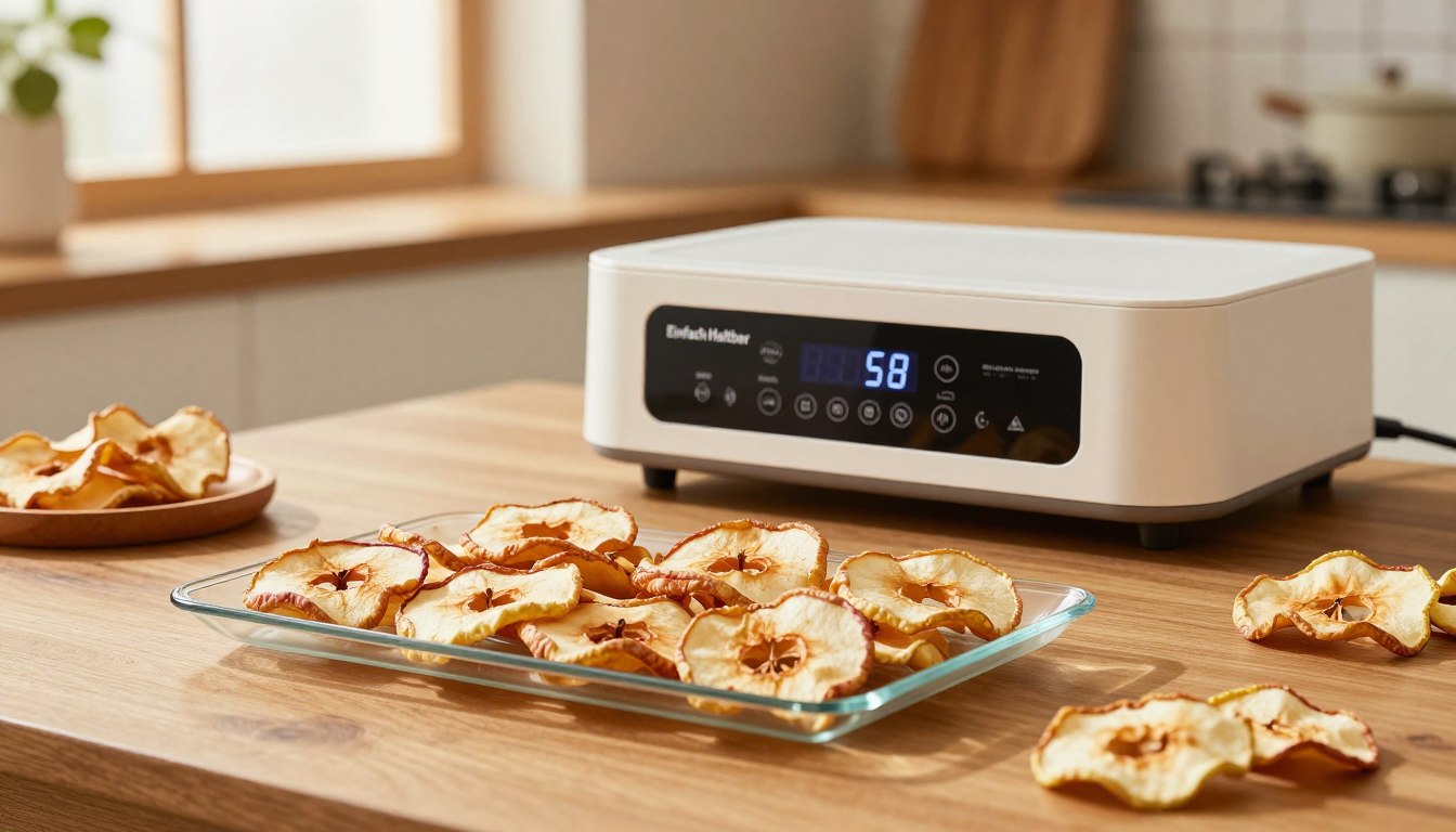 Apple dehydrating temperature and time reference beside dried apple rings