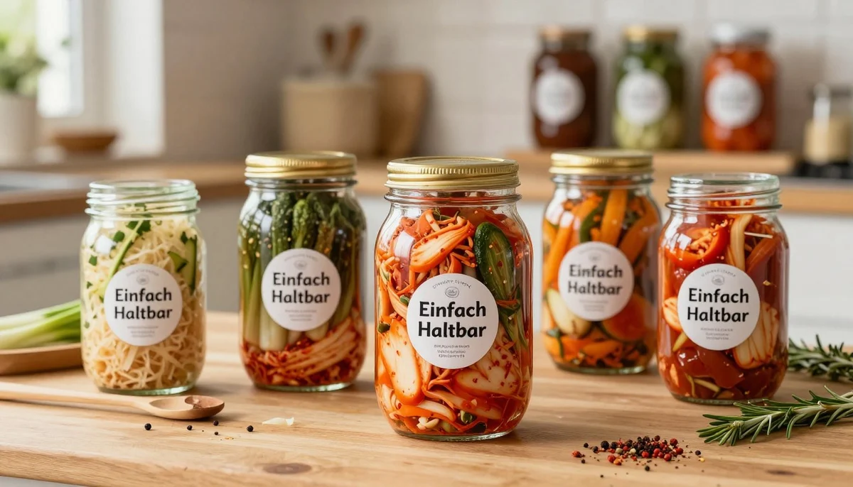 Fermentierte Gemüse in mehreren Gläsern auf einer Küchenarbeitsfläche