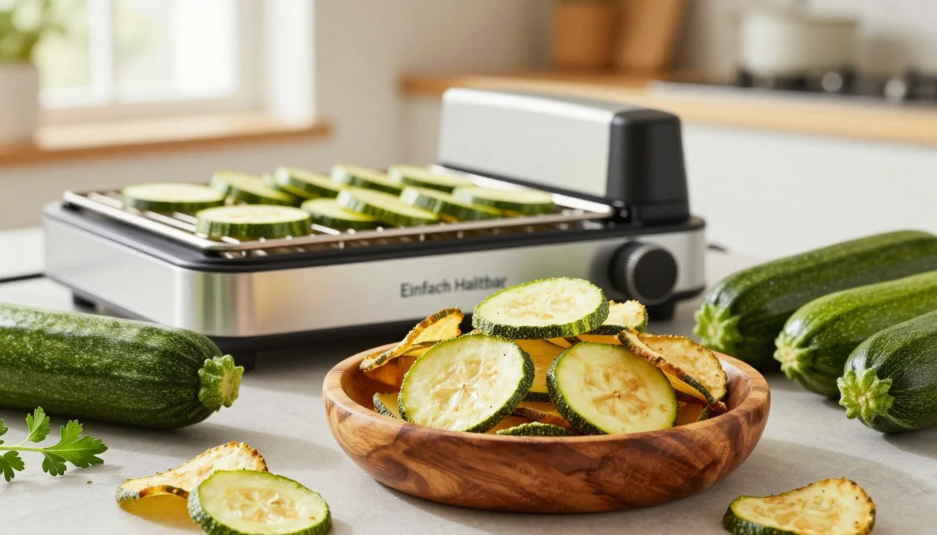 Getrocknete Zucchini-Chips neben einem Dörrautomaten