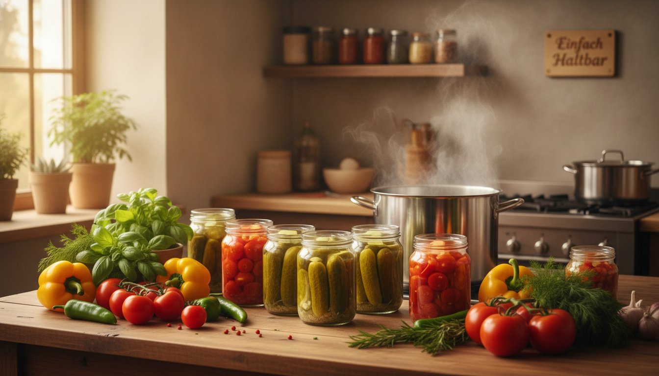 Tomaten, Gurken und Einkochgläser bei der Vorbereitung