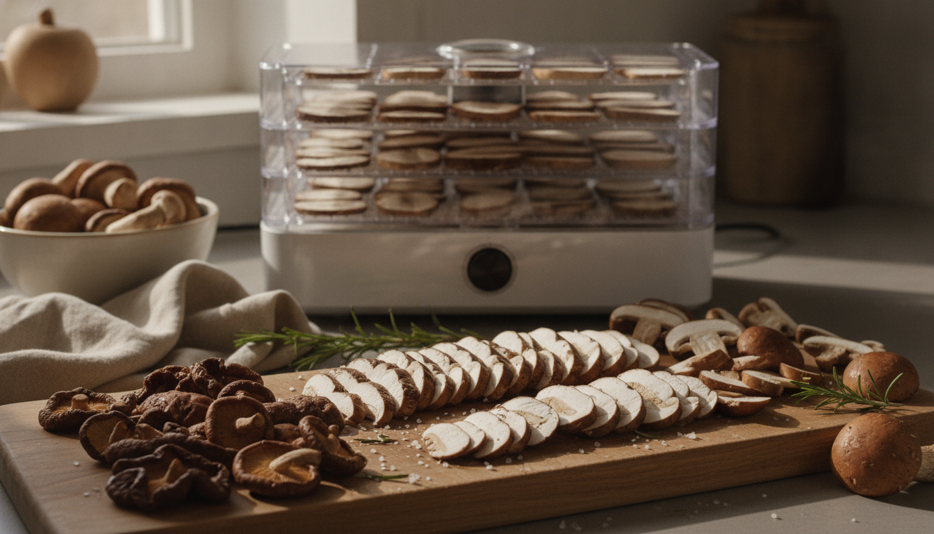 Fresh mushrooms being cleaned and sliced evenly before dehydrating