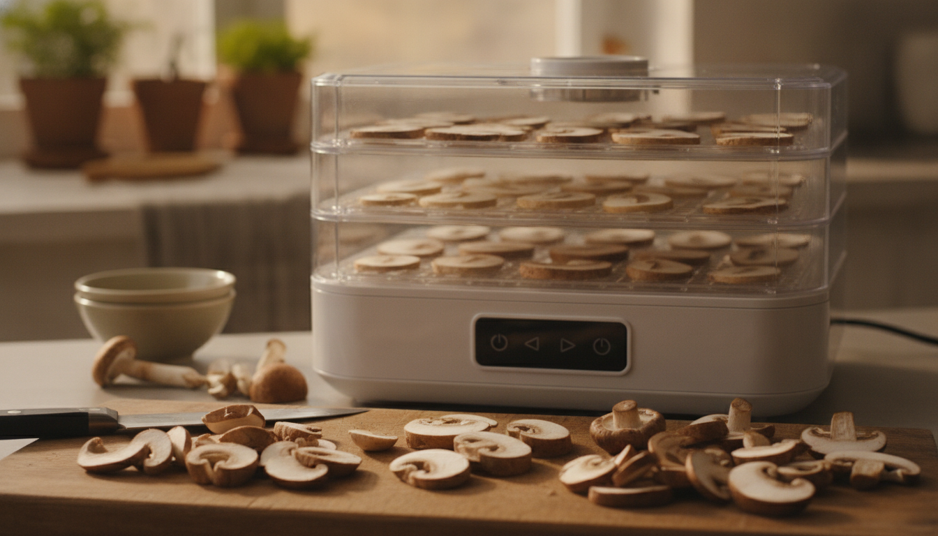 Several types of edible mushrooms sliced and ready for a food dehydrator