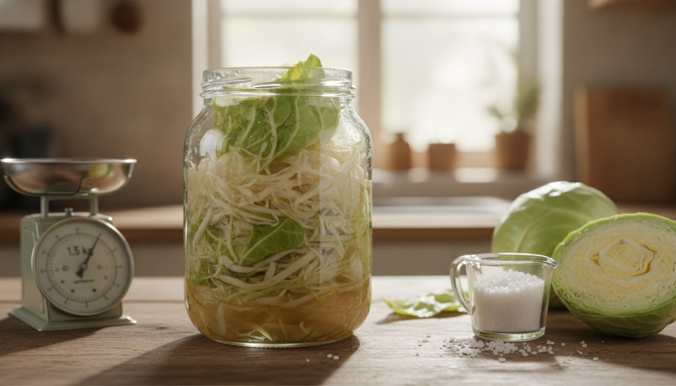 Sauerkraut fermenting in a glass jar with shredded cabbage held under its brine