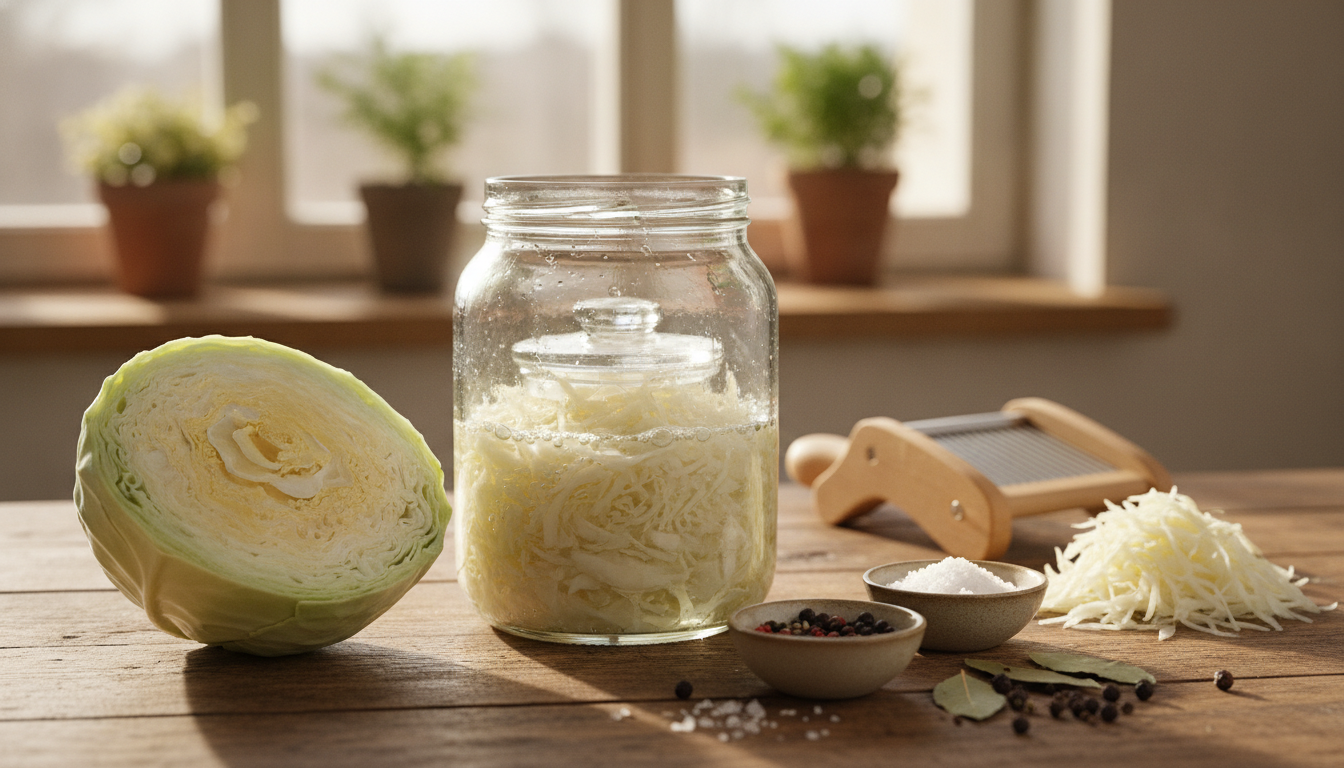 Fresh white cabbage, salt and a glass jar prepared for homemade sauerkraut